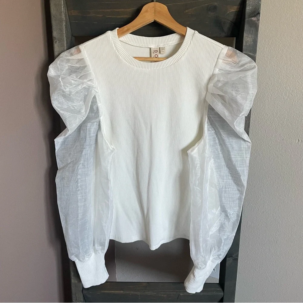 Anthropologie DOLAN Left Coast Puff-Sleeve Top Ribbed Knit Sheer Sleeve Sweater
